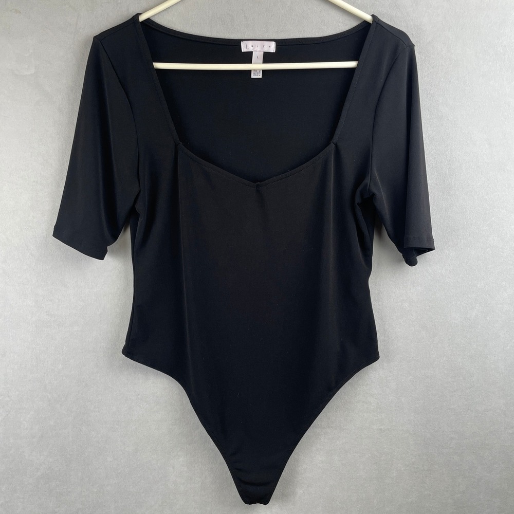 Leith Black One Piece Bodysuit Sz L Sweetheart Neck Short Sleeve Goth Romantic